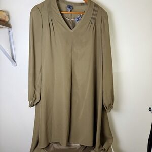 Women Vintage Silky Lined Tunic Dress Olive Size Medium Hi Low V Neck